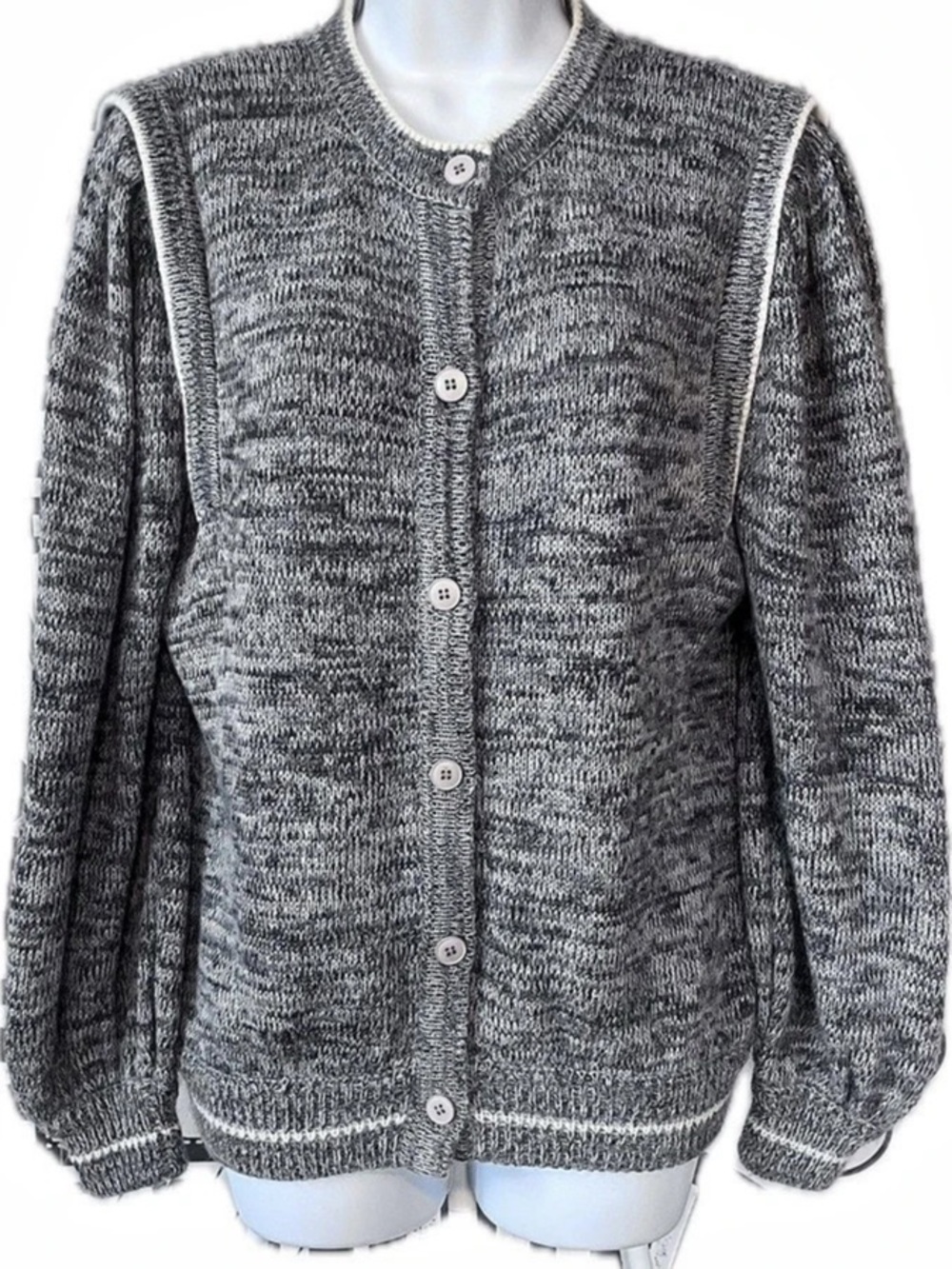 Vintage Gray Marled Mohair Blend Cardigan Sweater with Puff Sleeve